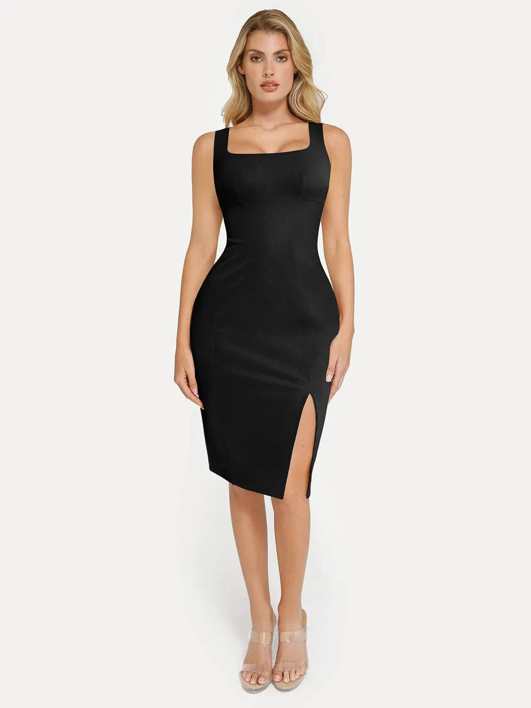Shapewear Faux Nubuck Bodycon Sculpting Slit Midi Dress - Modefluss