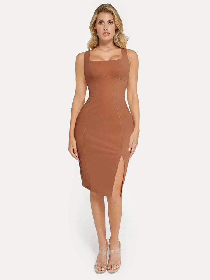 Shapewear Faux Nubuck Bodycon Sculpting Slit Midi Dress - Modefluss