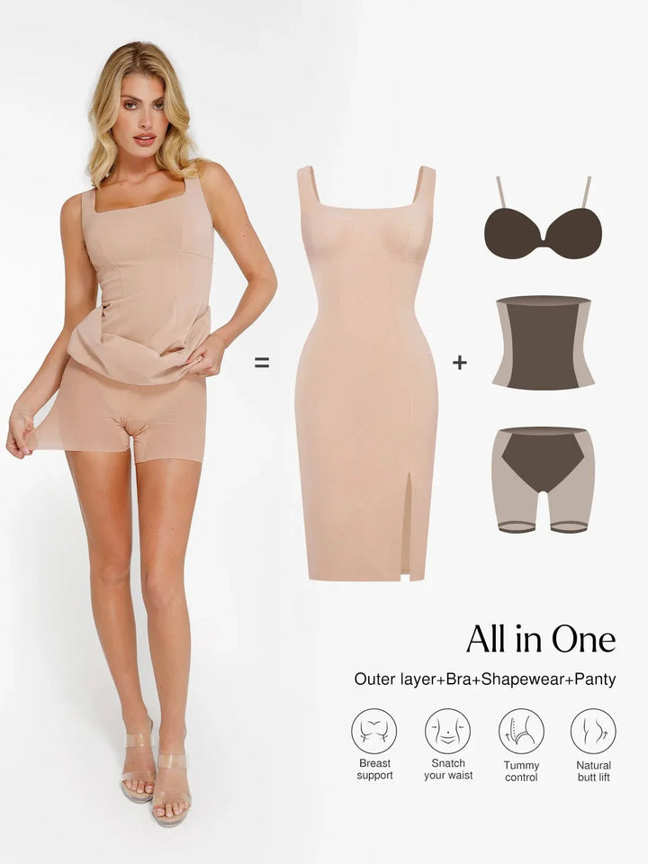 Shapewear Faux Nubuck Bodycon Sculpting Slit Midi Dress - Modefluss
