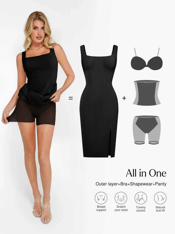 Shapewear Faux Nubuck Bodycon Sculpting Slit Midi Dress - Modefluss