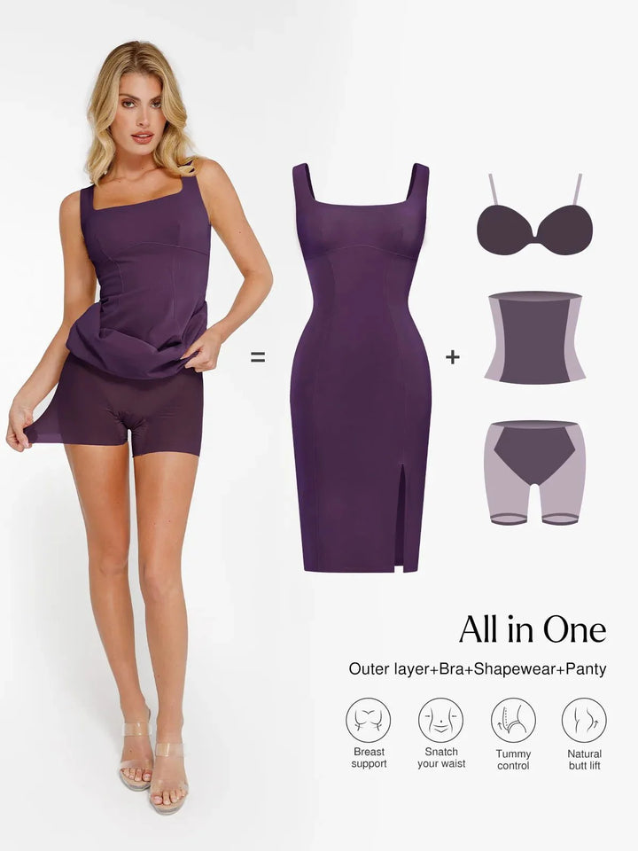 Shapewear Faux Nubuck Bodycon Sculpting Slit Midi Dress - Modefluss