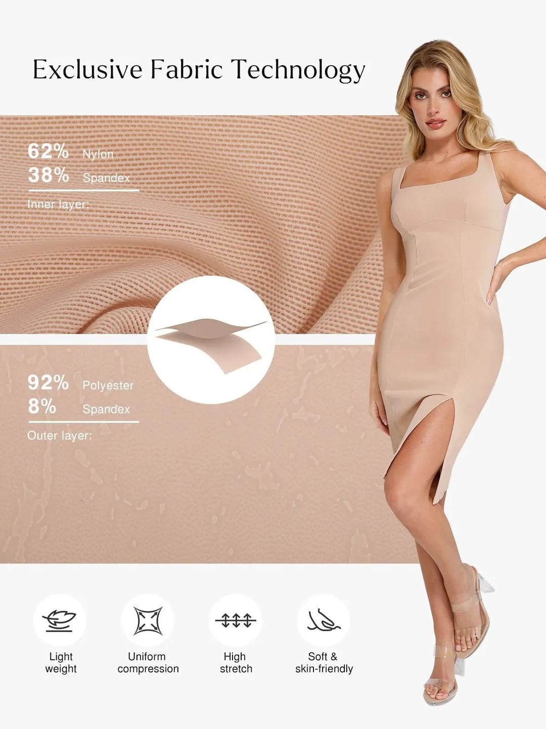 Shapewear Faux Nubuck Bodycon Sculpting Slit Midi Dress - Modefluss