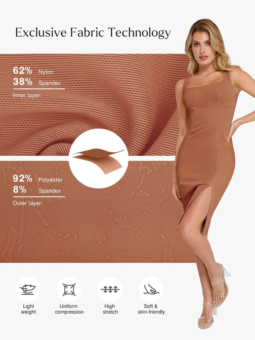 Shapewear Faux Nubuck Bodycon Sculpting Slit Midi Dress - Modefluss