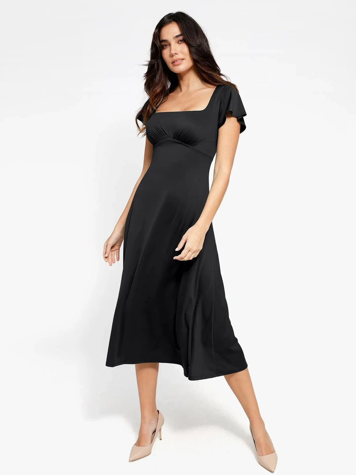 Shapewear Flutter Sleeve Sculpting A-Line Midi Dress - Modefluss