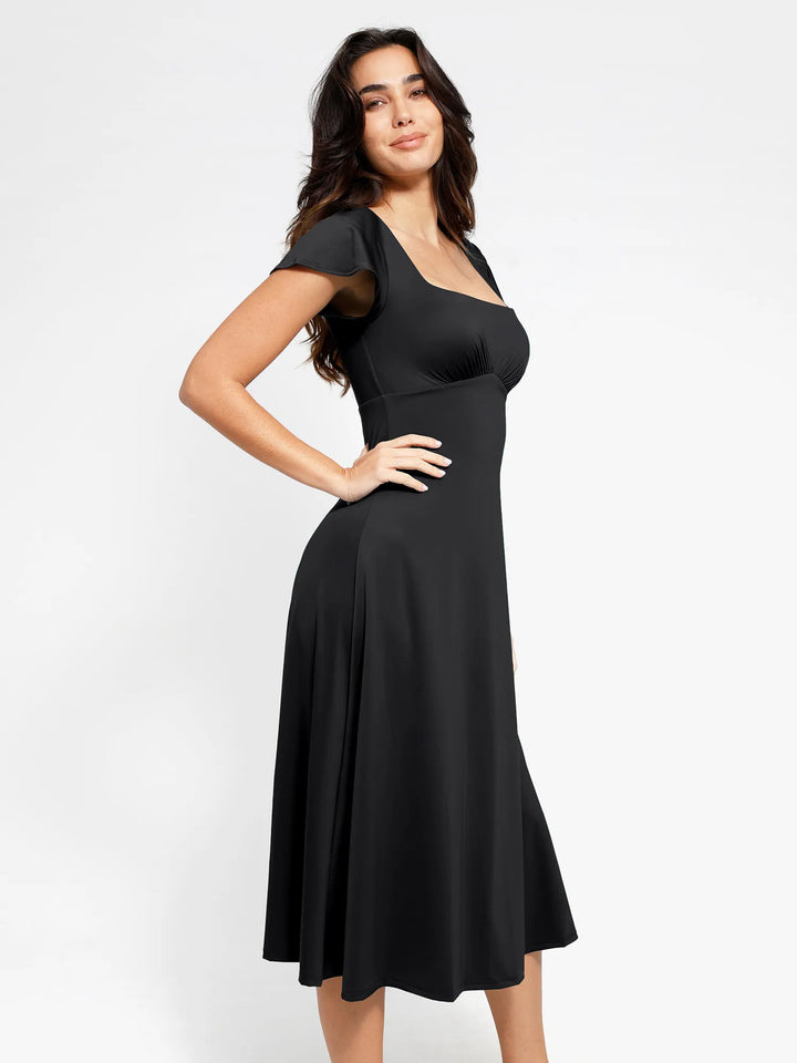 Shapewear Flutter Sleeve Sculpting A-Line Midi Dress - Modefluss
