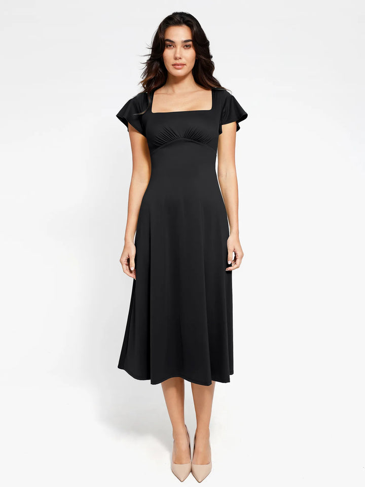 Shapewear Flutter Sleeve Sculpting A-Line Midi Dress - Modefluss