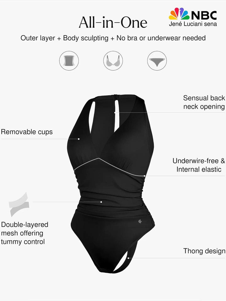 Shapewear Halter Cowl Neck Ruched Tummy Control Bodysuit - Modefluss