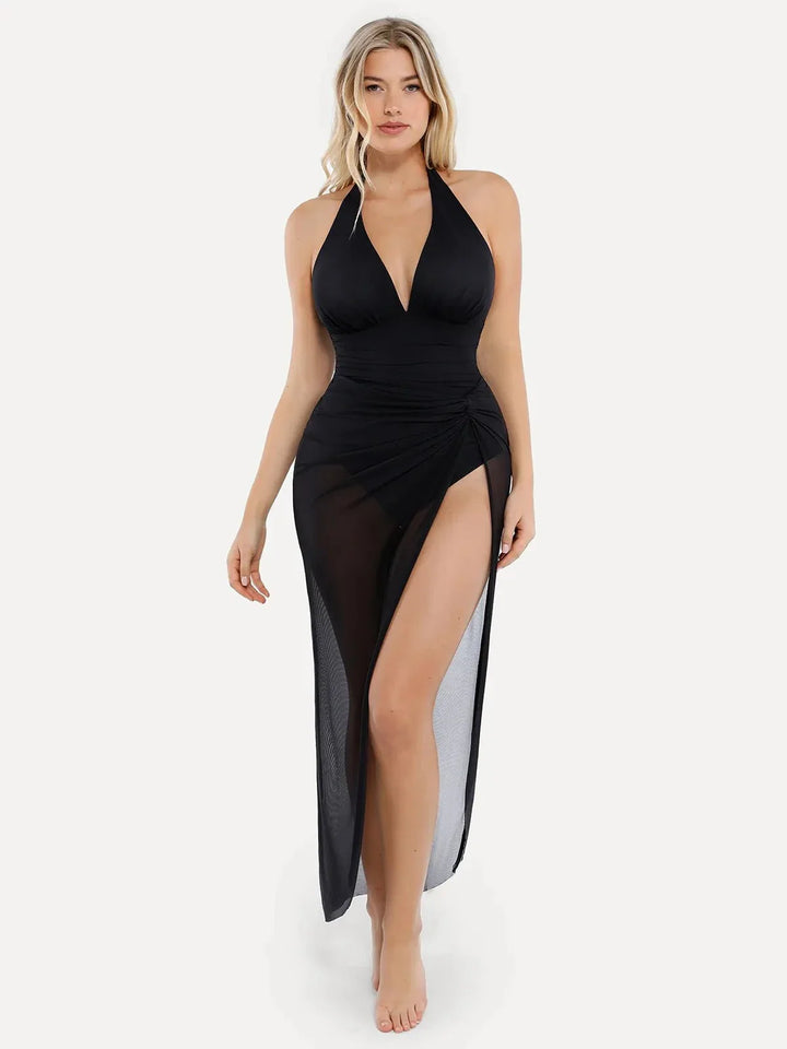 Shapewear Halter Tummy Control Swimsuit And Cover-Up Set - Modefluss