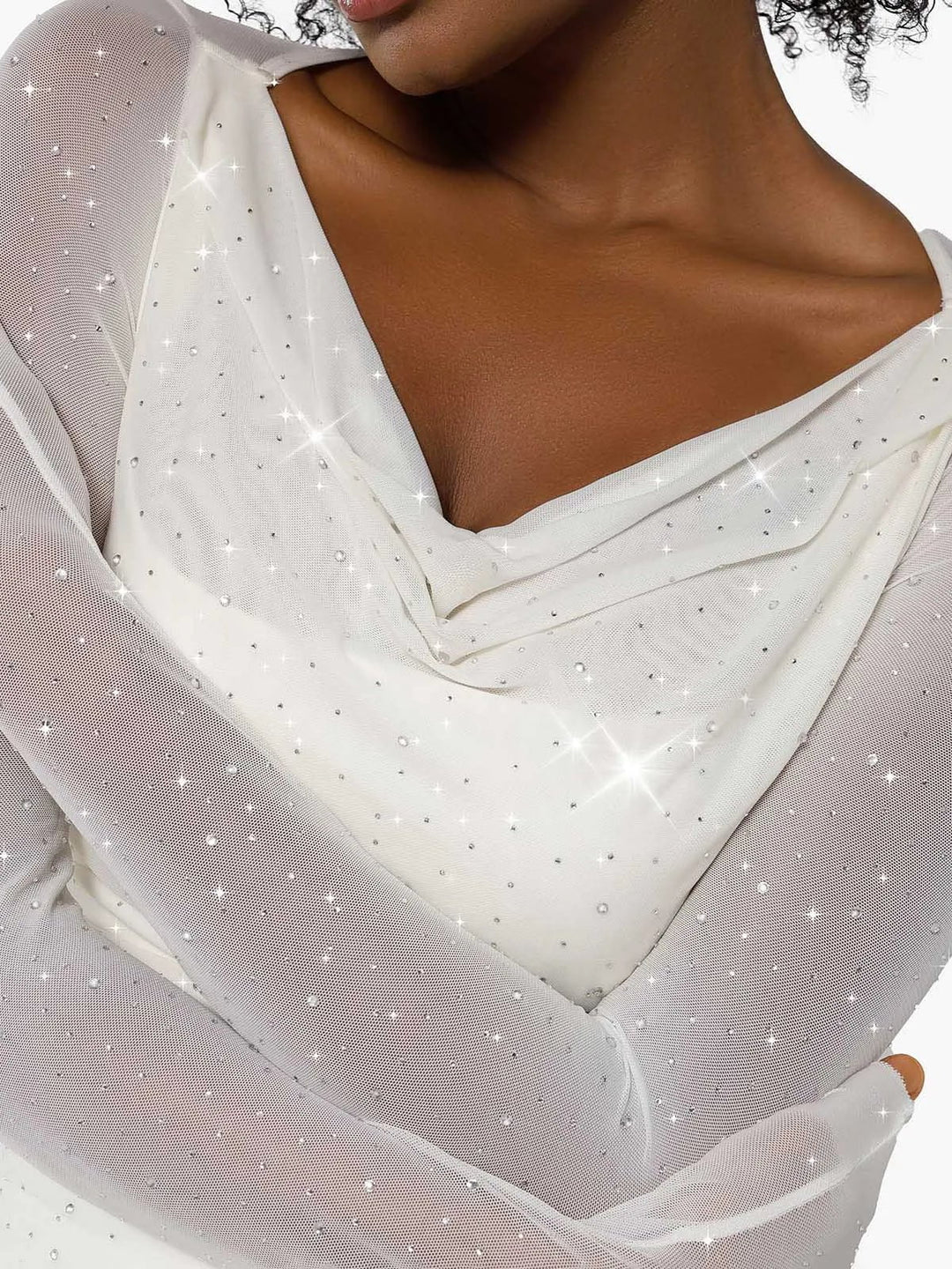 Shapewear Heat-Set Crystal Mesh Long Sleeve Slim Mini Dress - Modefluss