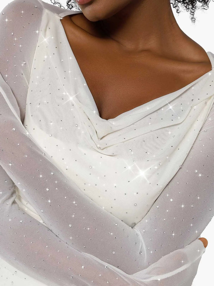 Shapewear Heat-Set Crystal Mesh Long Sleeve Slim Mini Dress - Modefluss