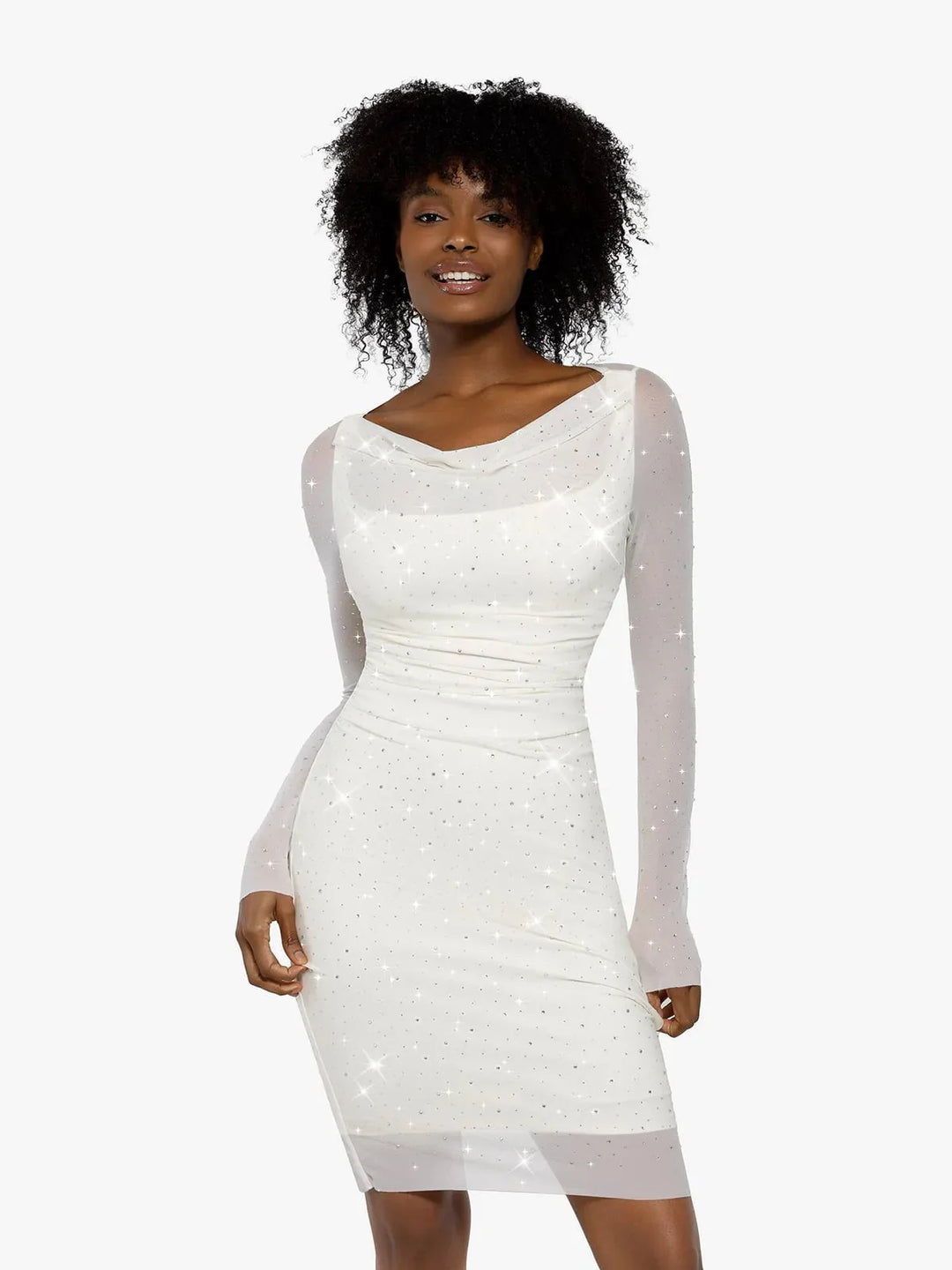 Shapewear Heat-Set Crystal Mesh Long Sleeve Slim Mini Dress - Modefluss