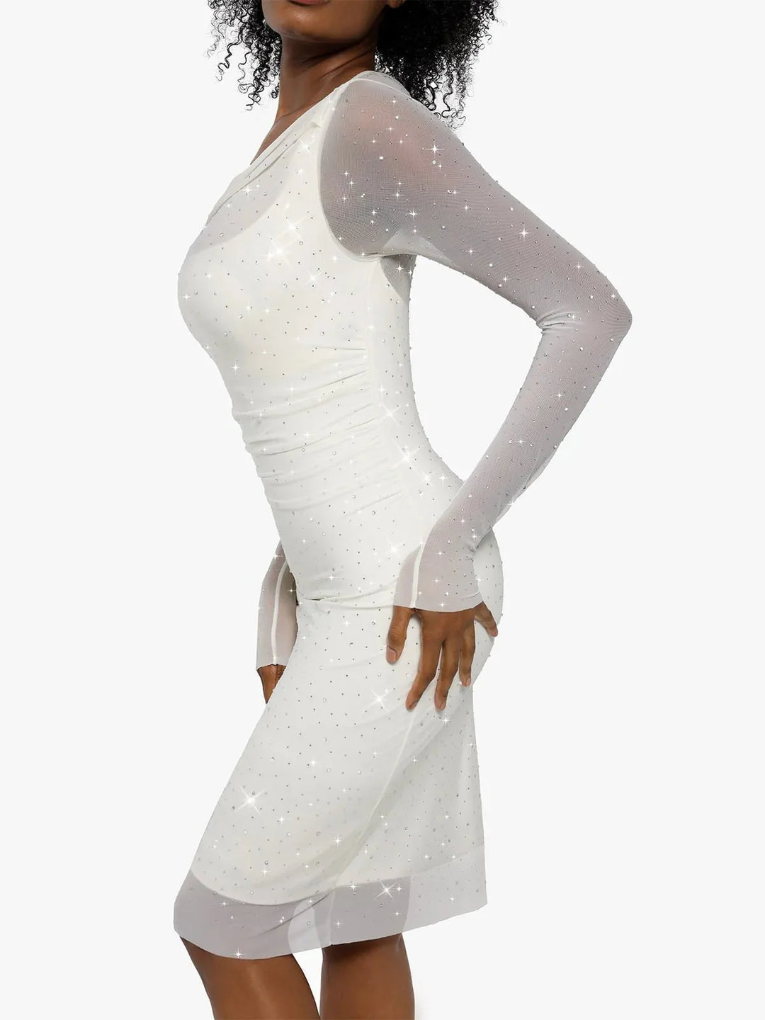 Shapewear Heat-Set Crystal Mesh Long Sleeve Slim Mini Dress - Modefluss