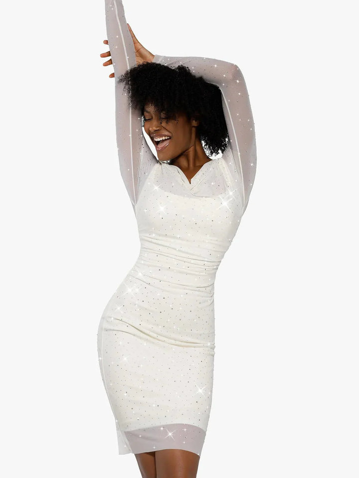 Shapewear Heat-Set Crystal Mesh Long Sleeve Slim Mini Dress - Modefluss