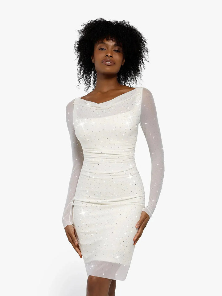 Shapewear Heat-Set Crystal Mesh Long Sleeve Slim Mini Dress - Modefluss