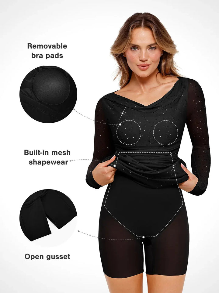 Shapewear Heat-Set Crystal Mesh Long Sleeve Slim Mini Dress - Modefluss