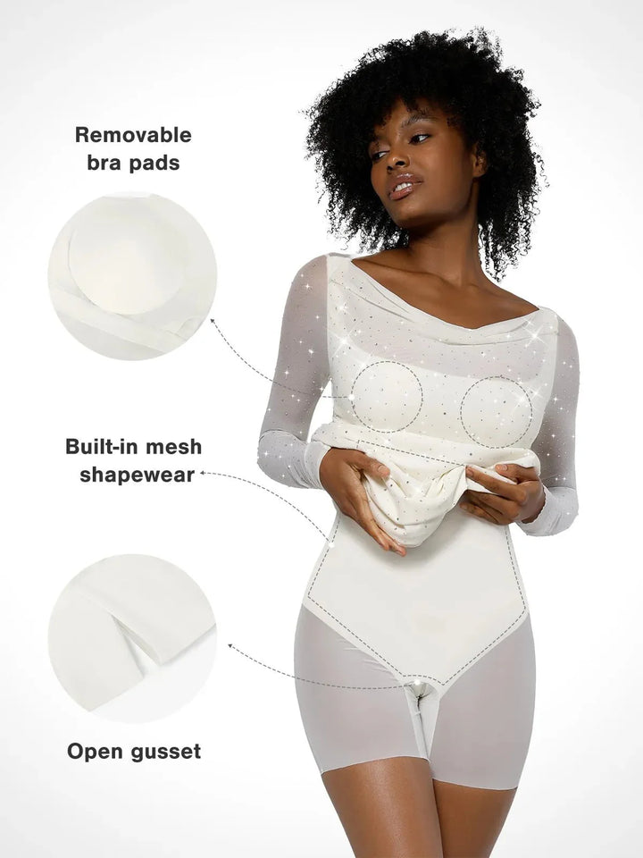 Shapewear Heat-Set Crystal Mesh Long Sleeve Slim Mini Dress - Modefluss