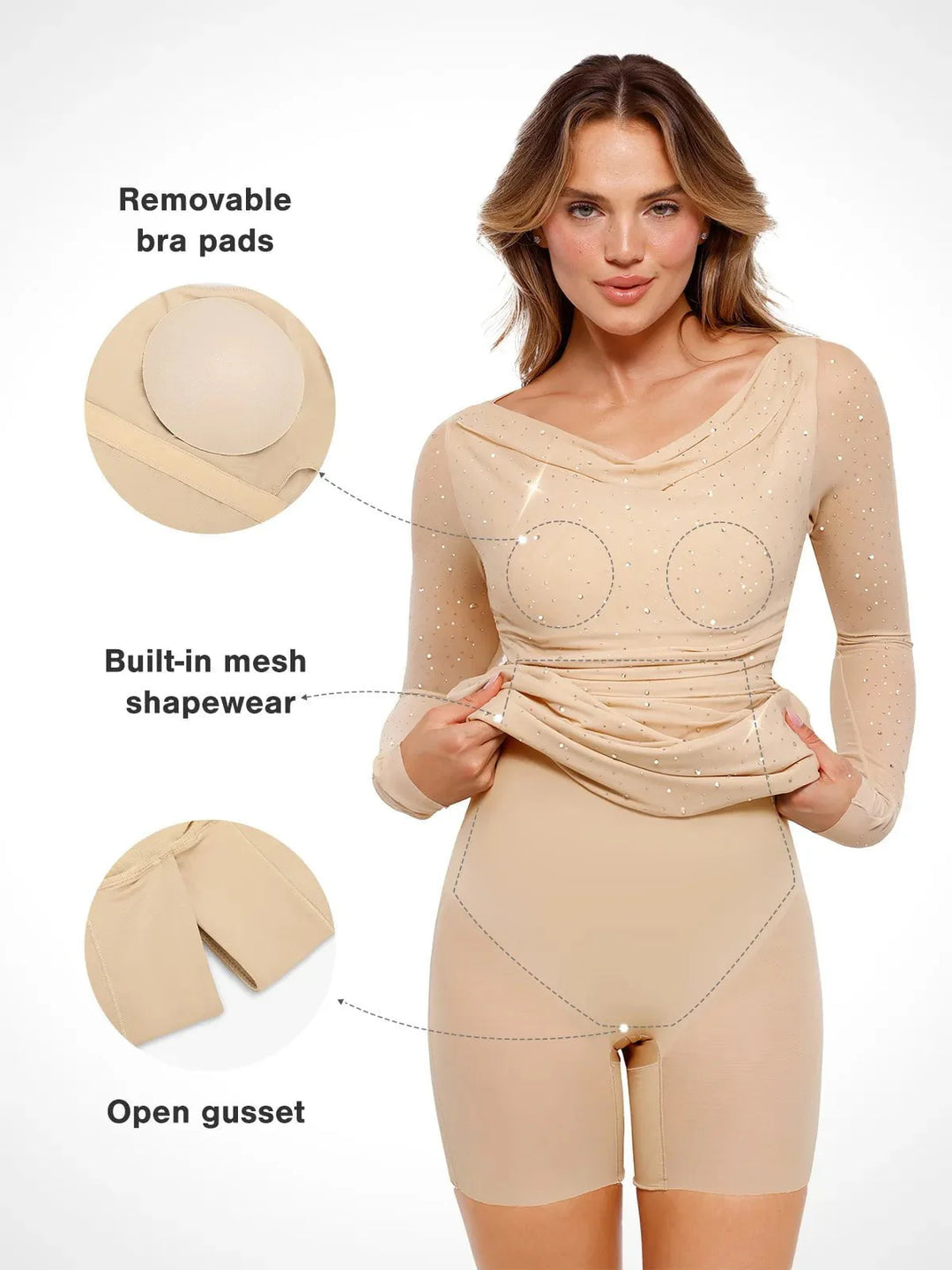 Shapewear Heat-Set Crystal Mesh Long Sleeve Slim Mini Dress - Modefluss