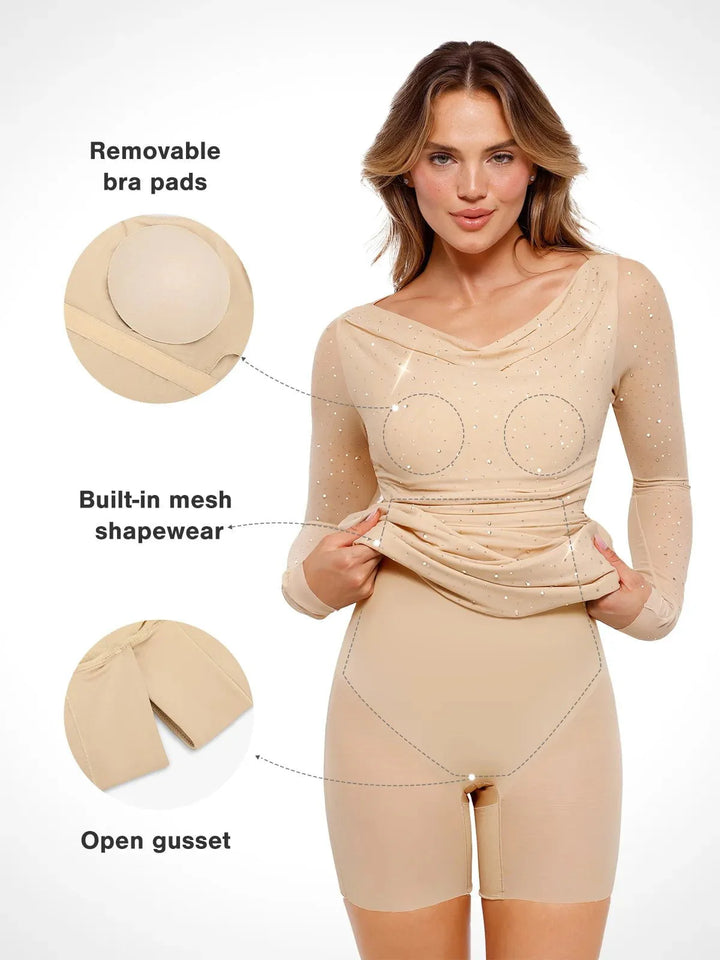 Shapewear Heat-Set Crystal Mesh Long Sleeve Slim Mini Dress - Modefluss
