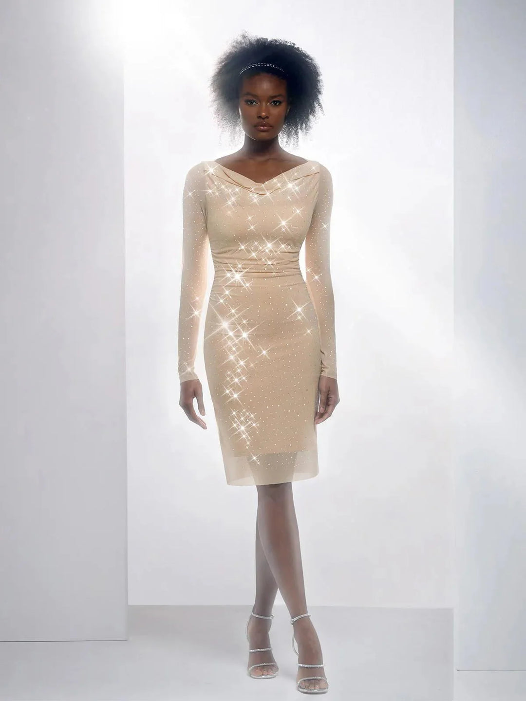 Shapewear Heat-Set Crystal Mesh Long Sleeve Slim Mini Dress - Modefluss