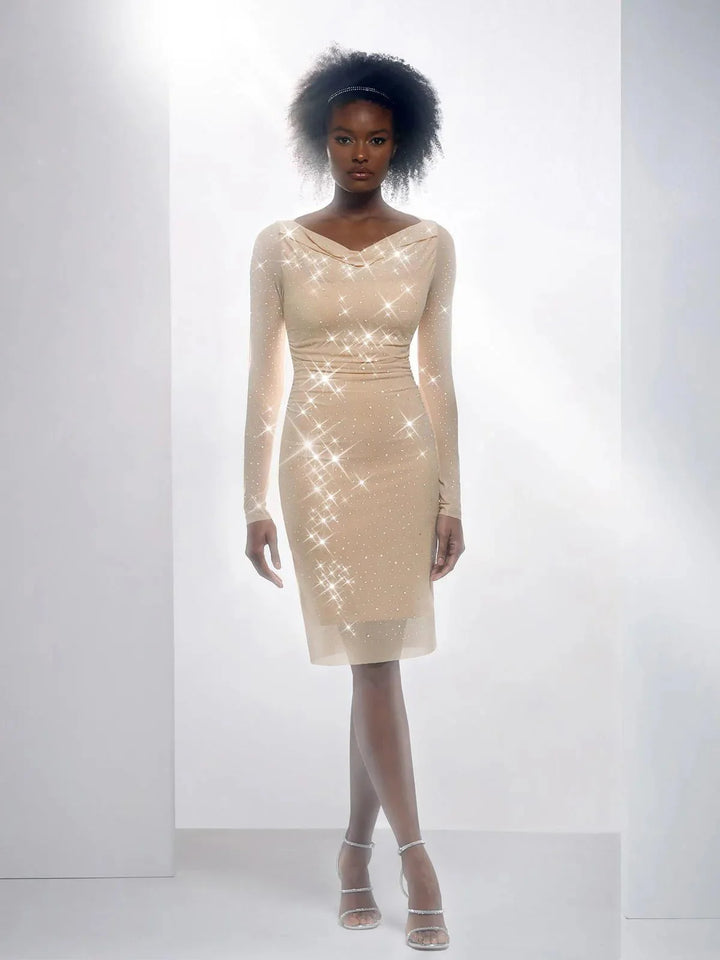 Shapewear Heat-Set Crystal Mesh Long Sleeve Slim Mini Dress - Modefluss