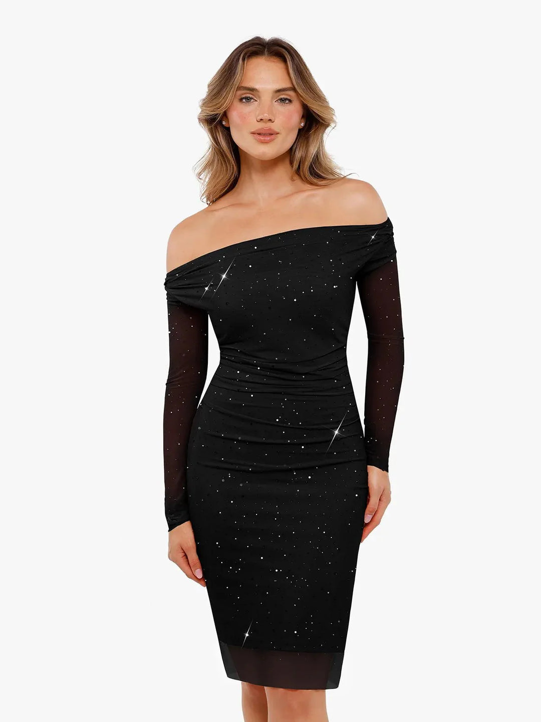 Shapewear Heat-Set Crystal Mesh Long Sleeve Slim Mini Dress - Modefluss