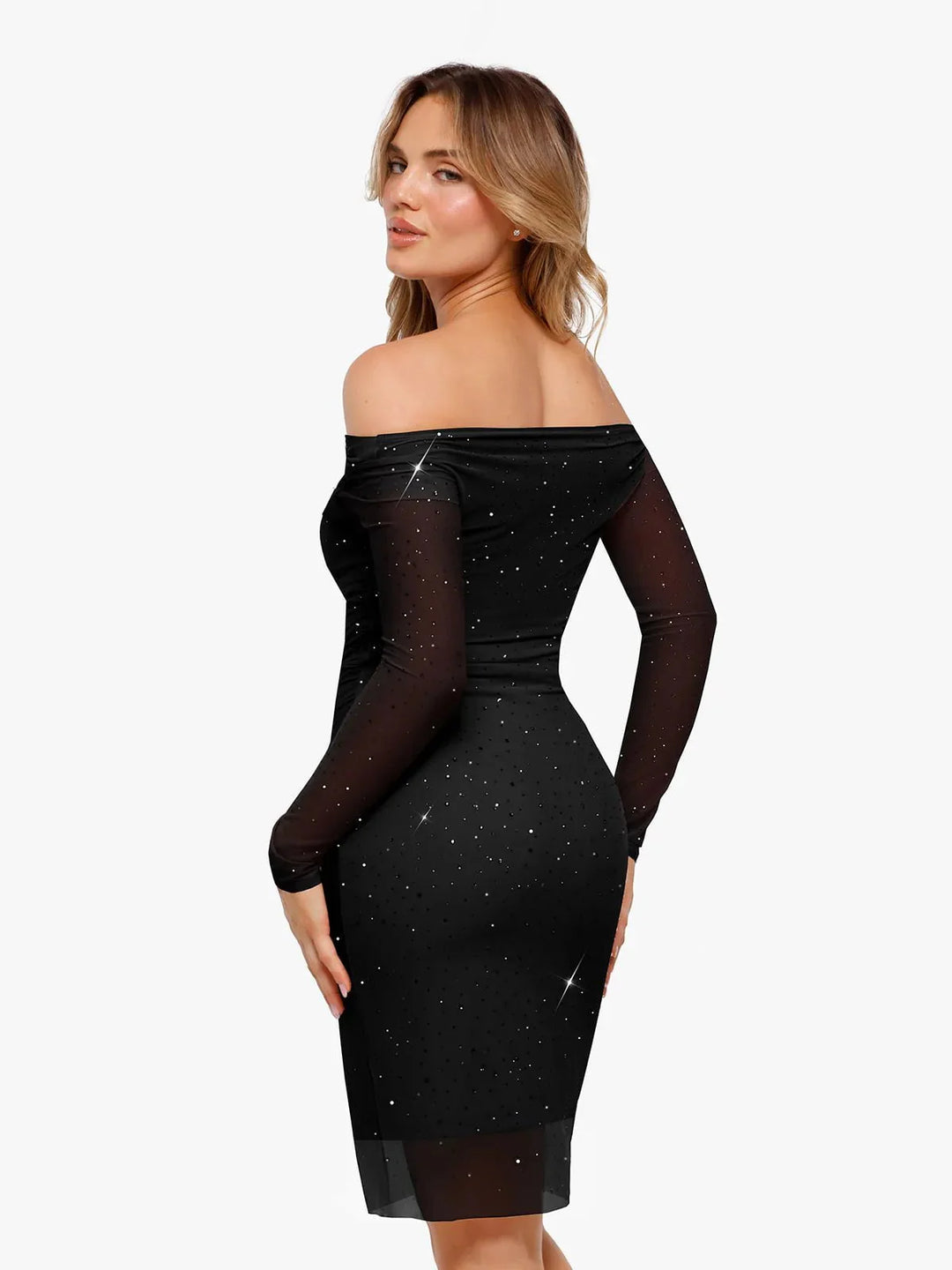 Shapewear Heat-Set Crystal Mesh Long Sleeve Slim Mini Dress - Modefluss