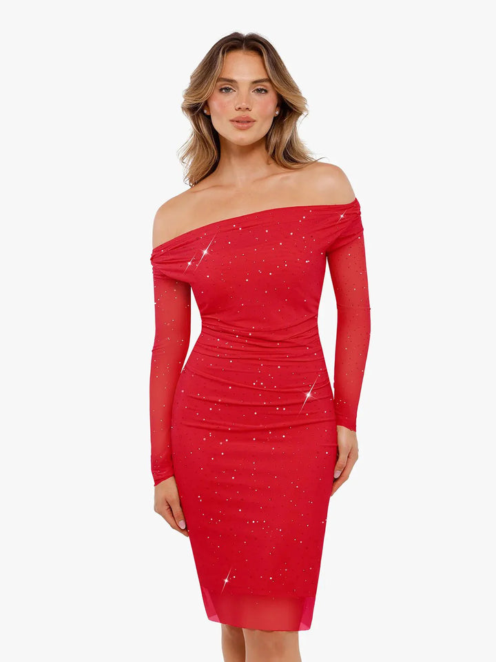 Shapewear Heat-Set Crystal Mesh Long Sleeve Slim Mini Dress - Modefluss