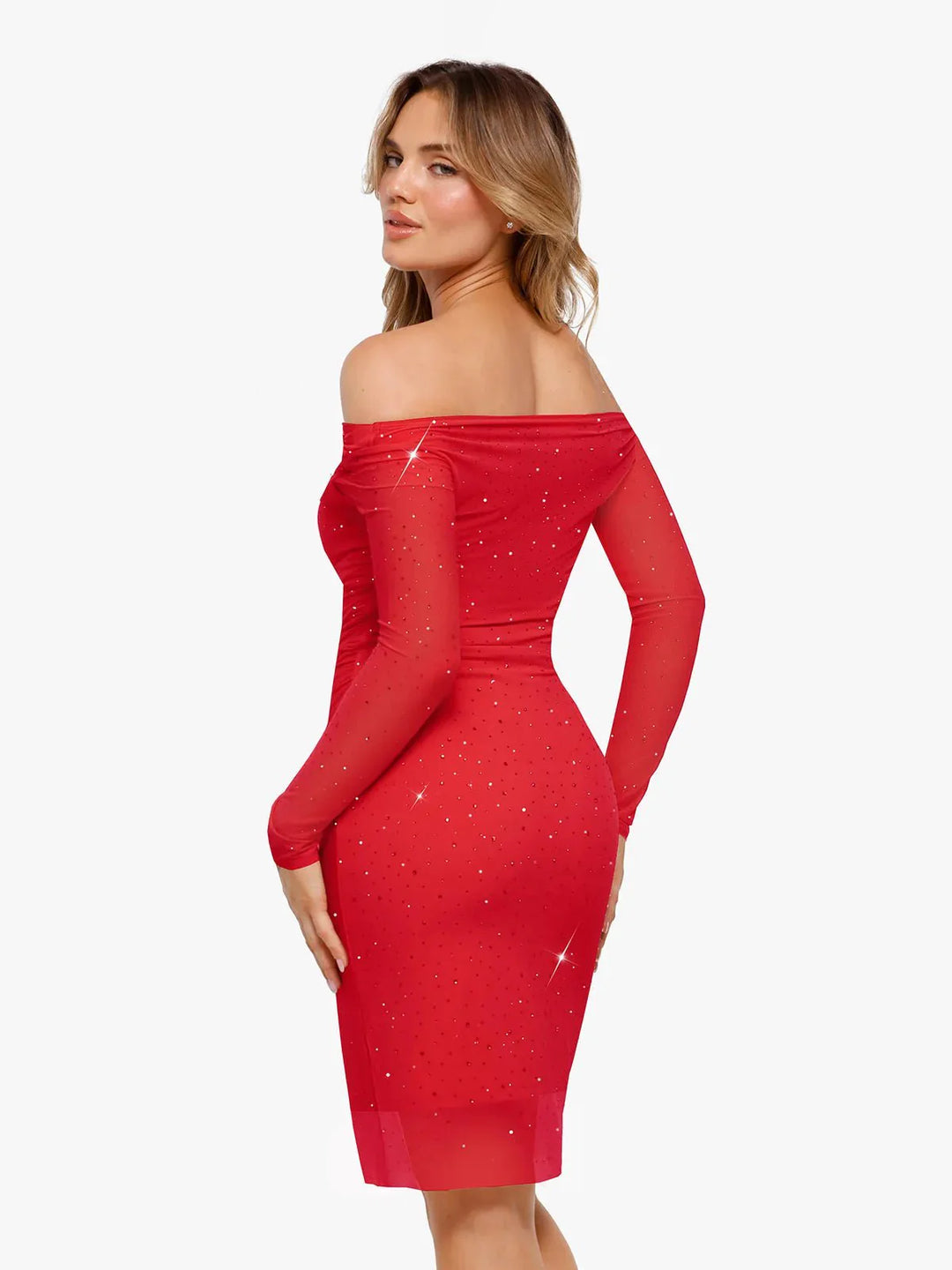 Shapewear Heat-Set Crystal Mesh Long Sleeve Slim Mini Dress - Modefluss