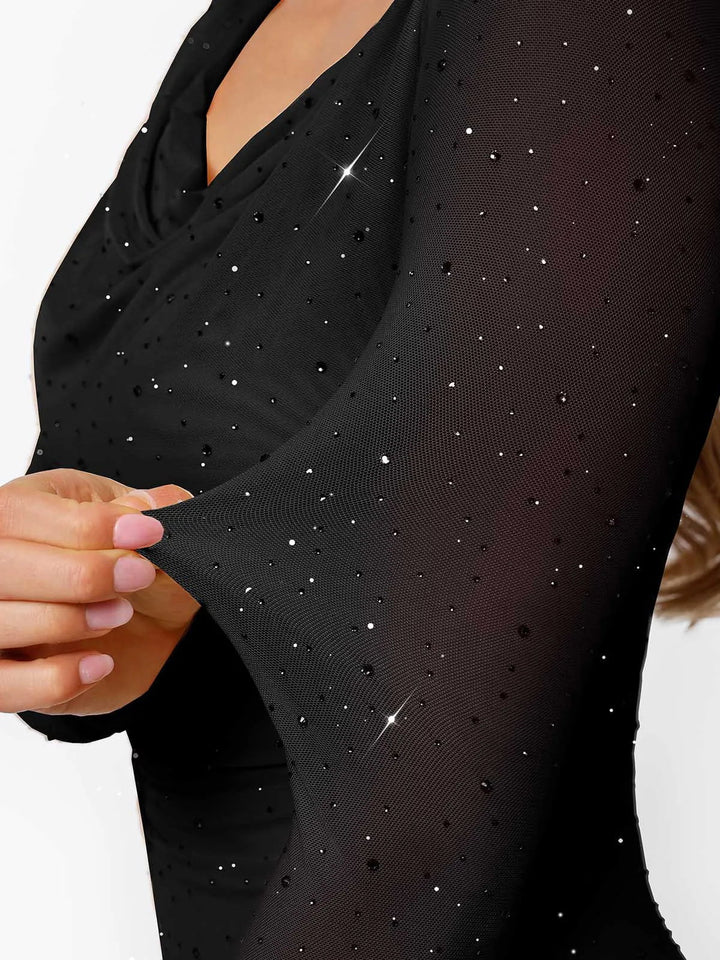 Shapewear Heat-Set Crystal Mesh Long Sleeve Slim Mini Dress - Modefluss