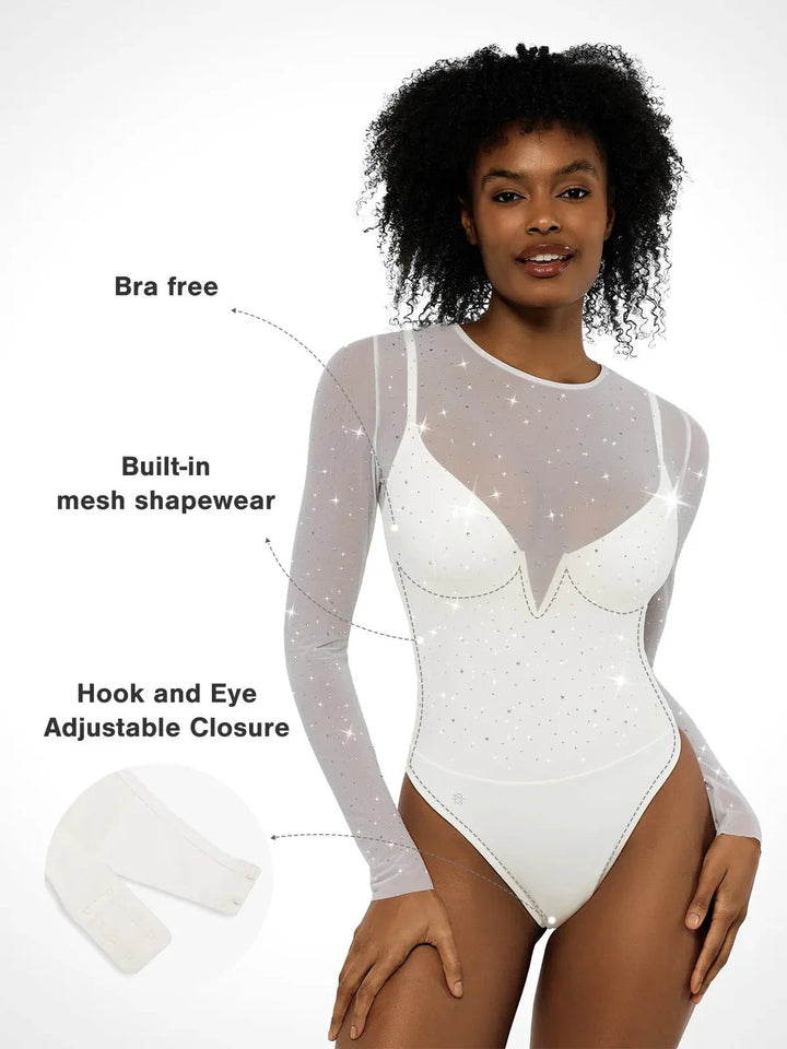 Shapewear Heat-Set Crystal Mesh Long-Sleeve Slimming Bodysuit - Modefluss
