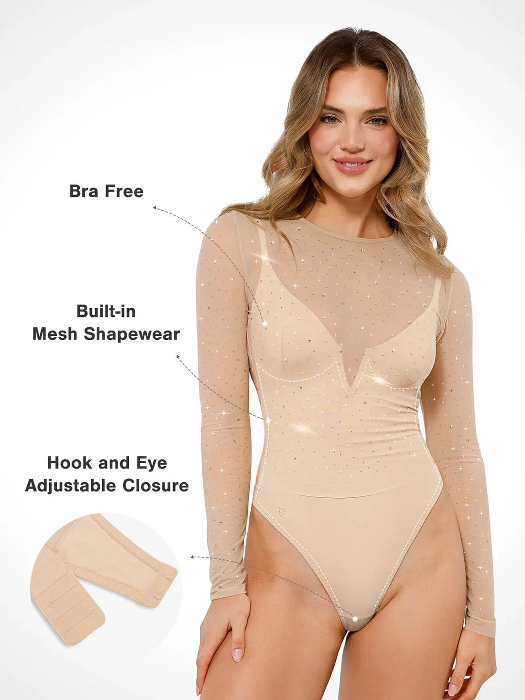 Shapewear Heat-Set Crystal Mesh Long-Sleeve Slimming Bodysuit - Modefluss