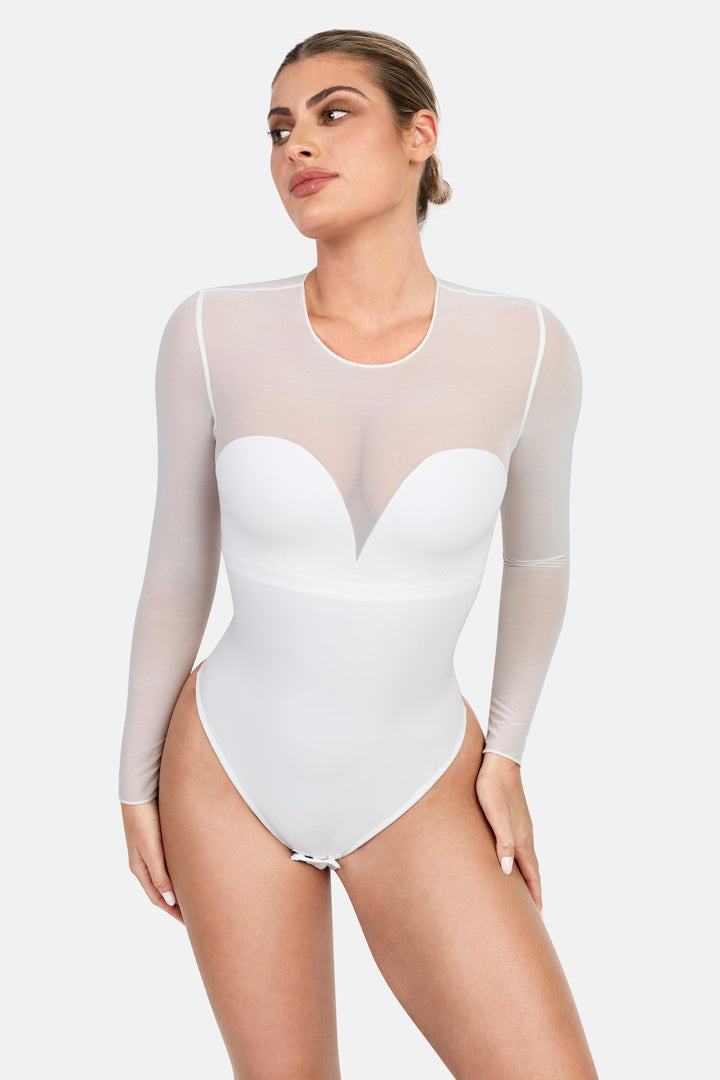 Body gainant à manches longues en maille illusion Shapewear