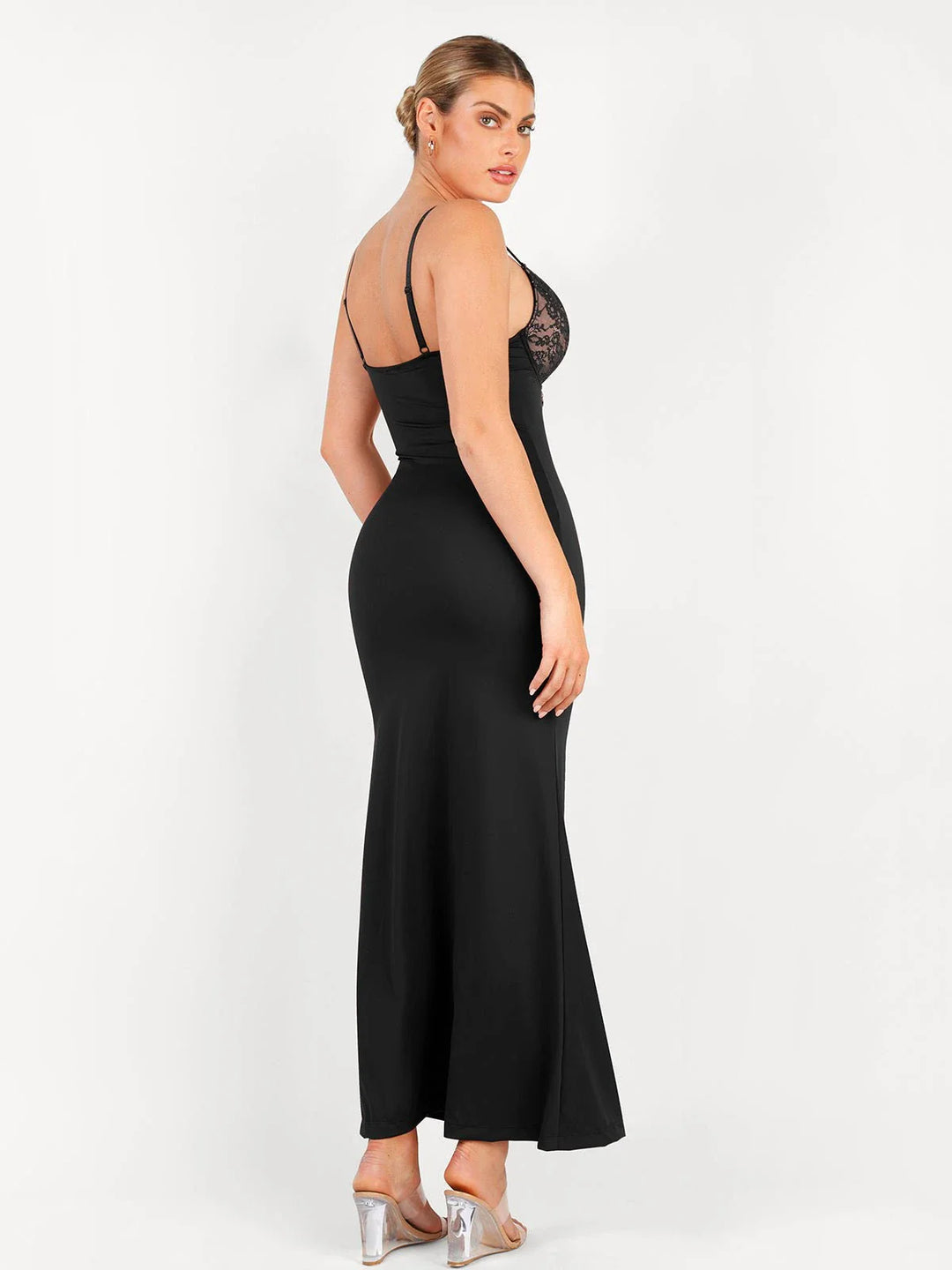 Shapewear Lace V Neck Side Slit Slimming Maxi Slip Dress - Modefluss