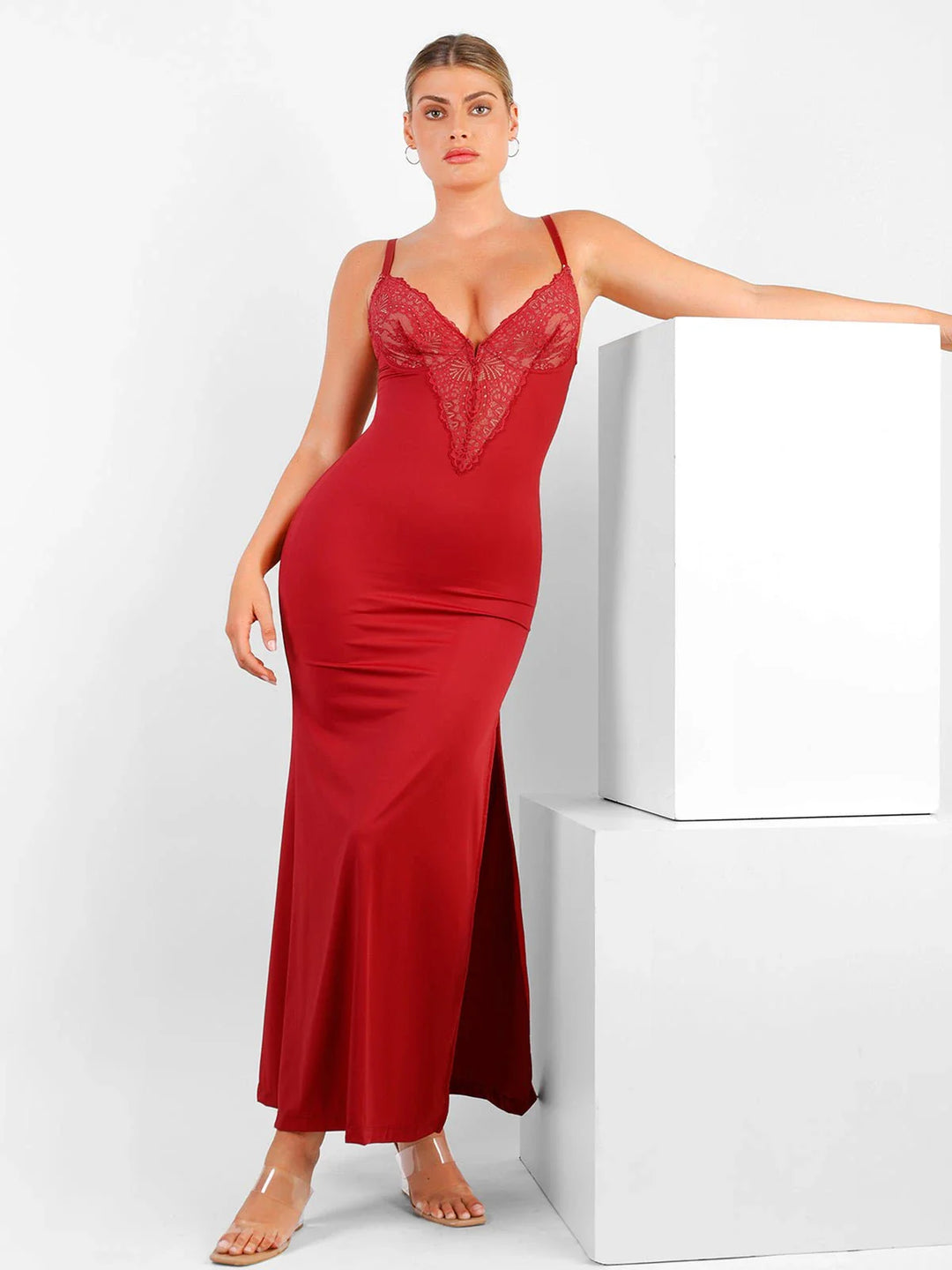 Shapewear Lace V Neck Side Slit Slimming Maxi Slip Dress - Modefluss