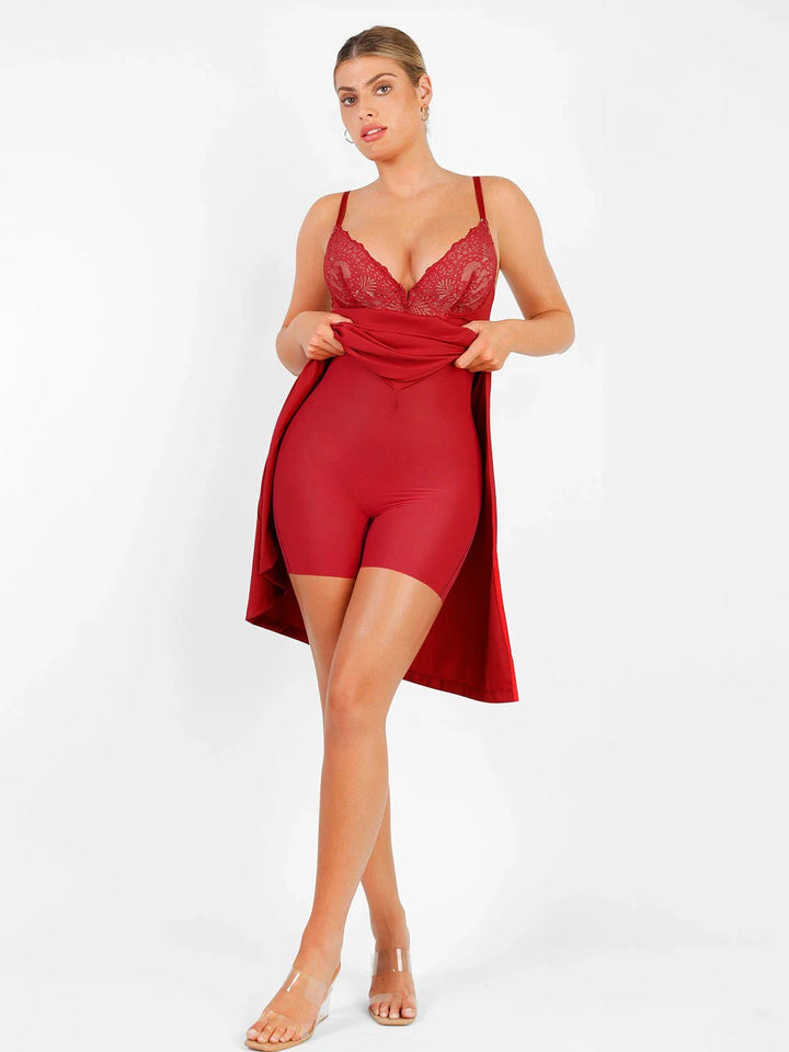 Shapewear Lace V Neck Side Slit Slimming Maxi Slip Dress - Modefluss