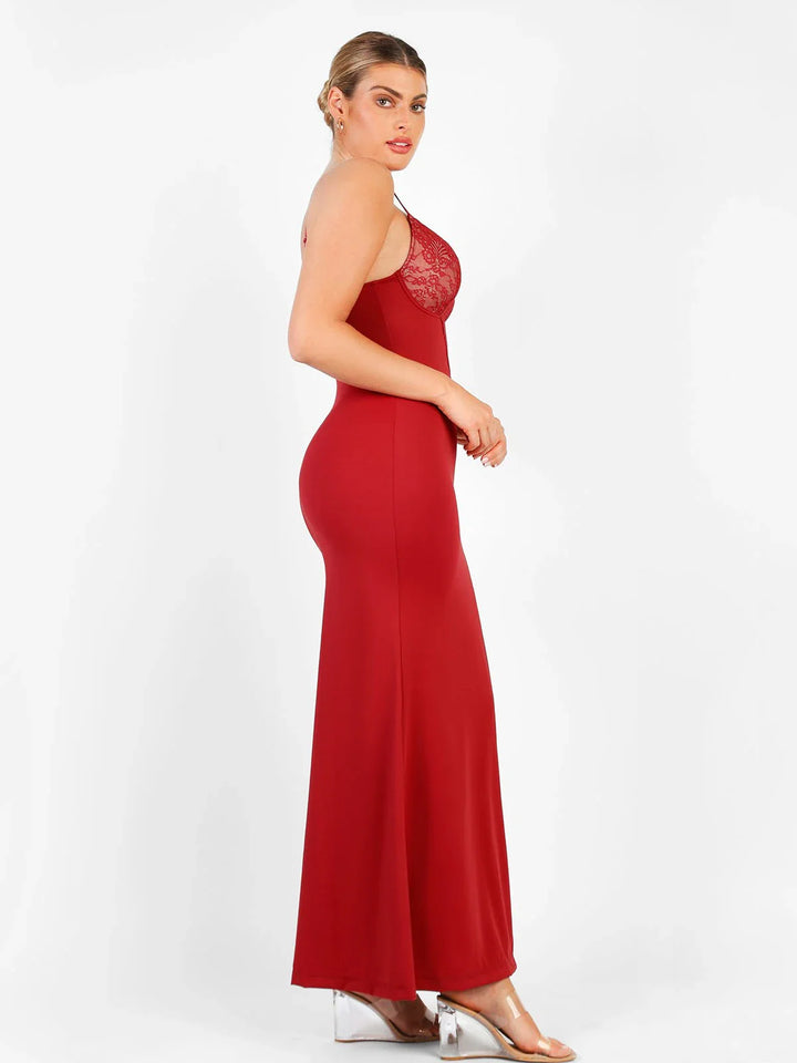 Shapewear Lace V Neck Side Slit Slimming Maxi Slip Dress - Modefluss