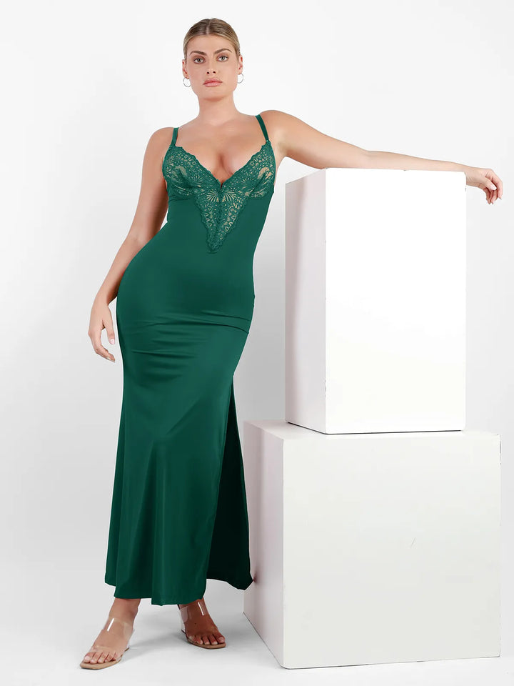 Shapewear Lace V Neck Side Slit Slimming Maxi Slip Dress - Modefluss