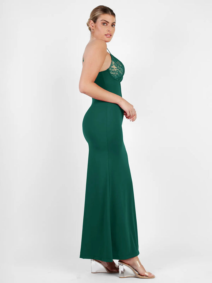 Shapewear Lace V Neck Side Slit Slimming Maxi Slip Dress - Modefluss
