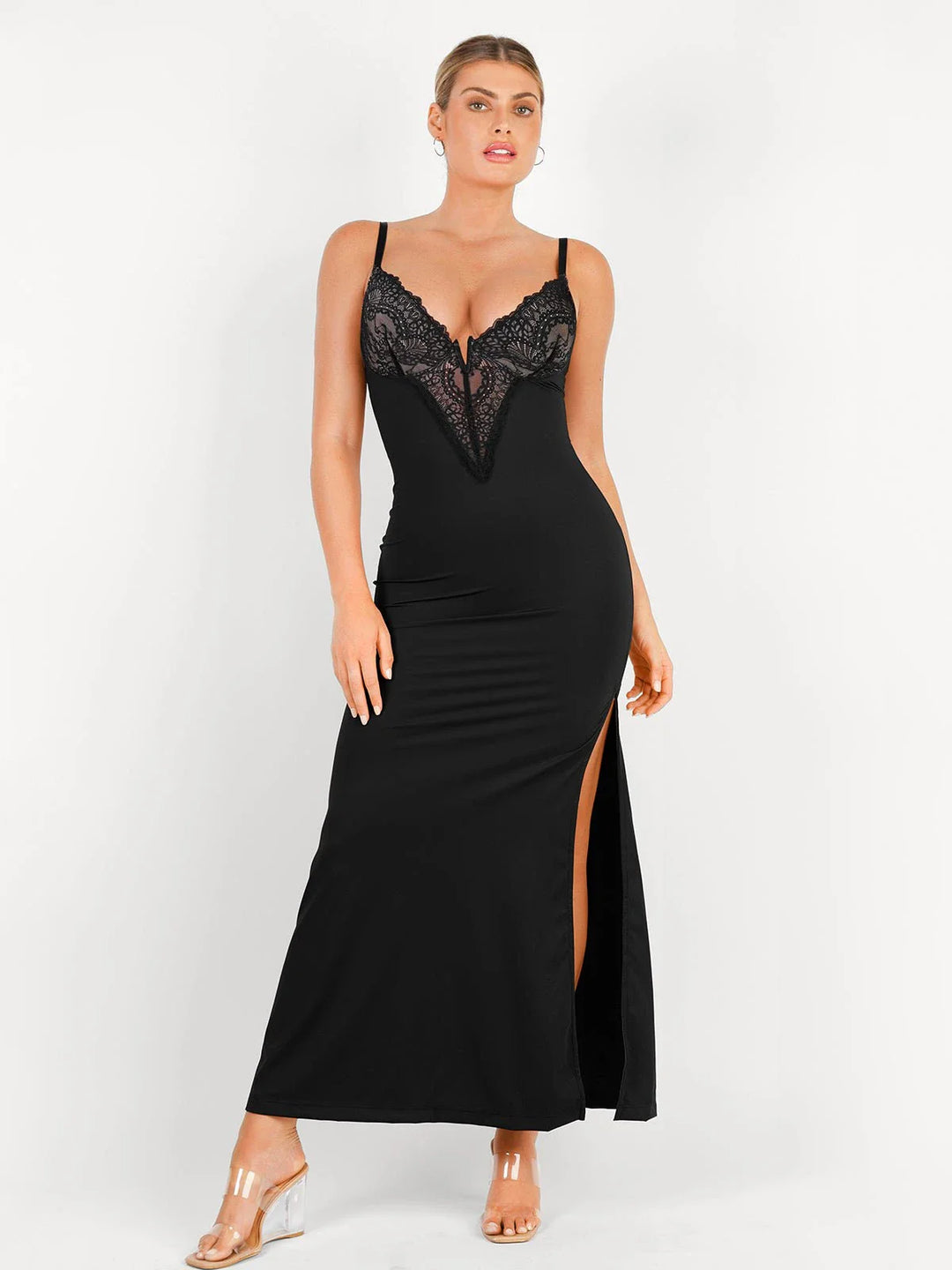 Shapewear Lace V Neck Side Slit Slimming Maxi Slip Dress - Modefluss