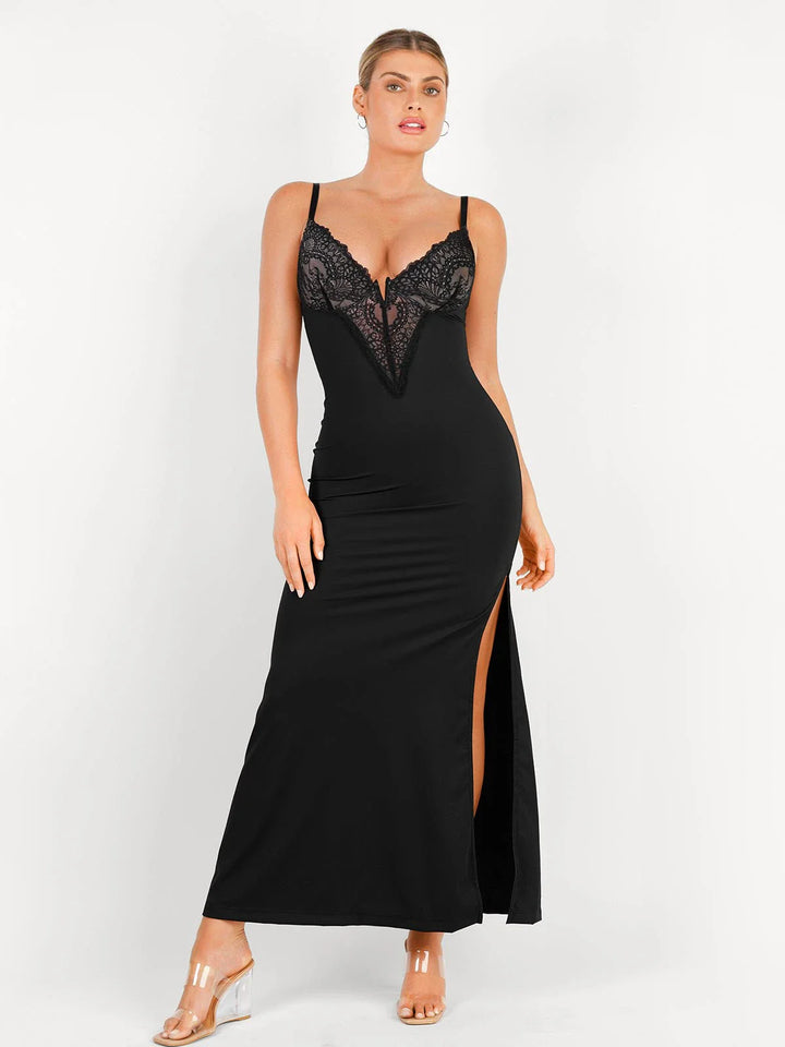 Shapewear Lace V Neck Side Slit Slimming Maxi Slip Dress - Modefluss