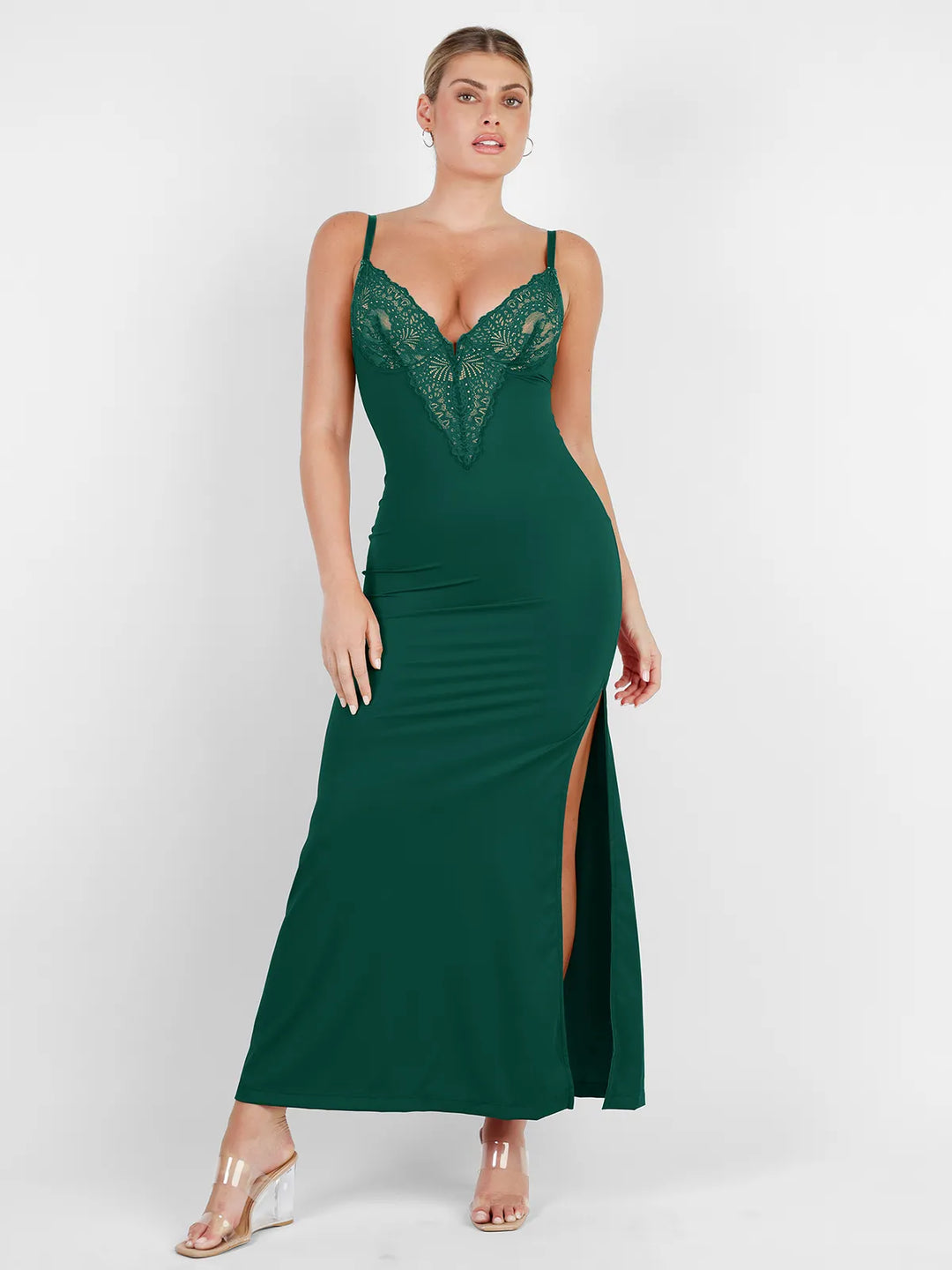 Shapewear Lace V Neck Side Slit Slimming Maxi Slip Dress - Modefluss
