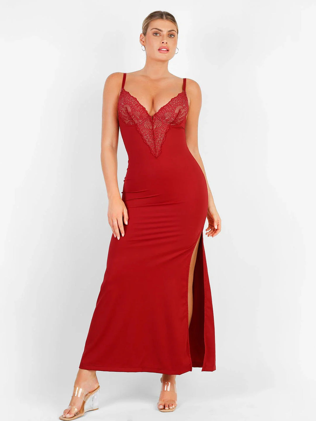 Shapewear Lace V Neck Side Slit Slimming Maxi Slip Dress - Modefluss