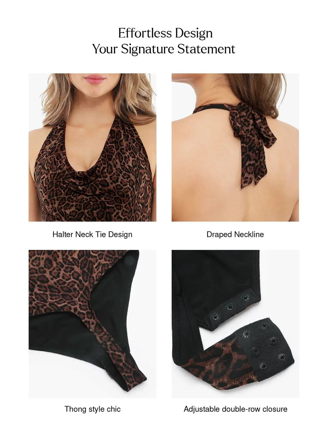 Shapewear Leopard Cowl Neck Halter Tummy Control Bodysuit - Modefluss