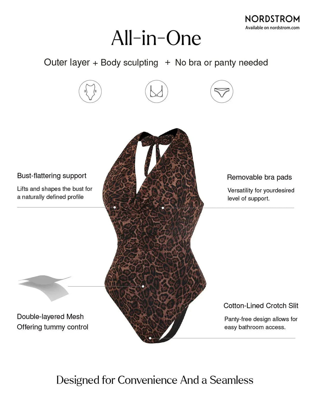 Shapewear Leopard Cowl Neck Halter Tummy Control Bodysuit - Modefluss