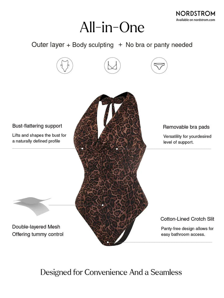 Shapewear Leopard Cowl Neck Halter Tummy Control Bodysuit - Modefluss