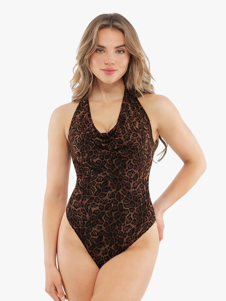 Shapewear Leopard Cowl Neck Halter Tummy Control Bodysuit - Modefluss