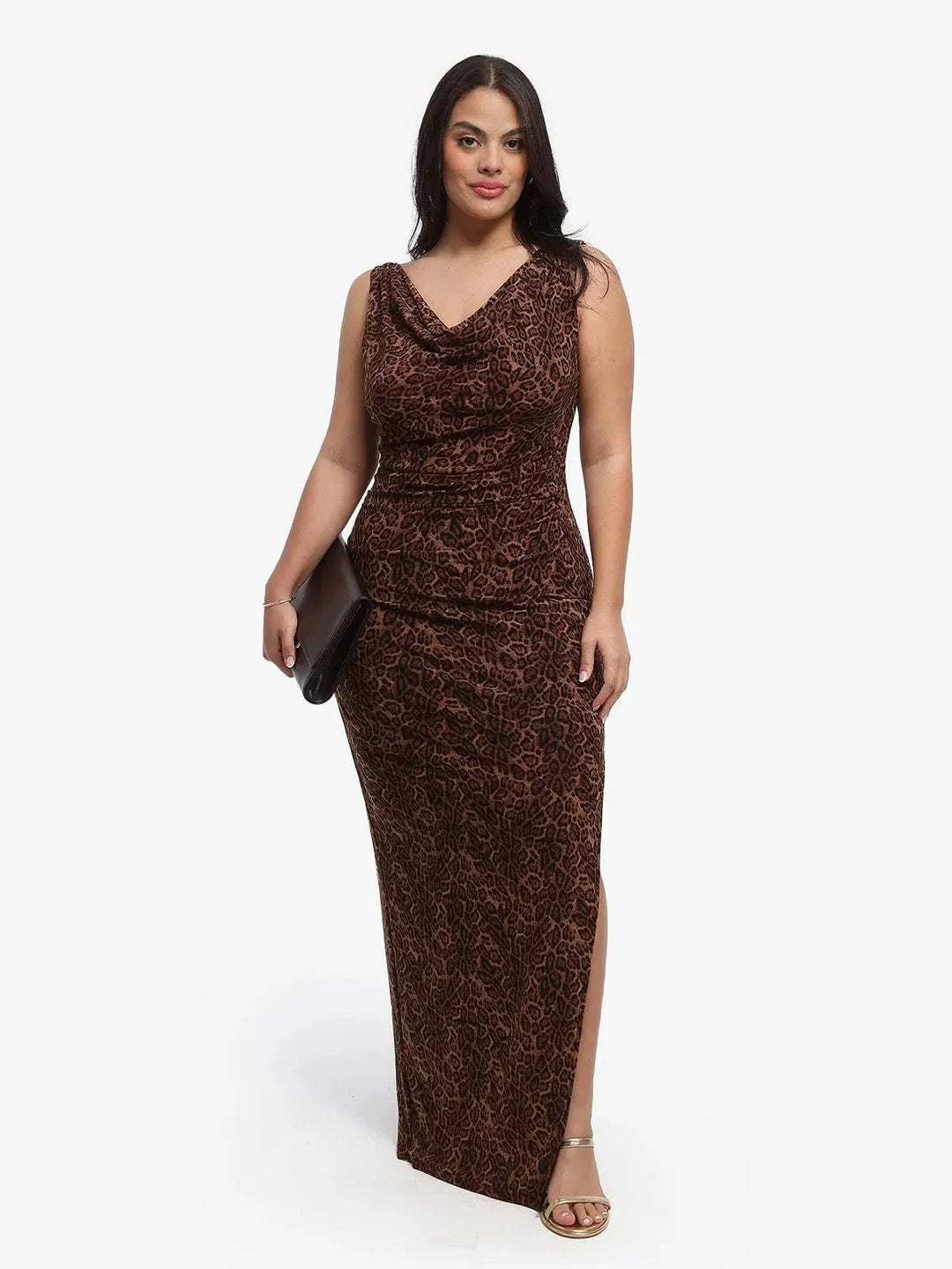Shapewear Leopard Cowl Neck Ruched Sculpting Maxi Dress - Modefluss