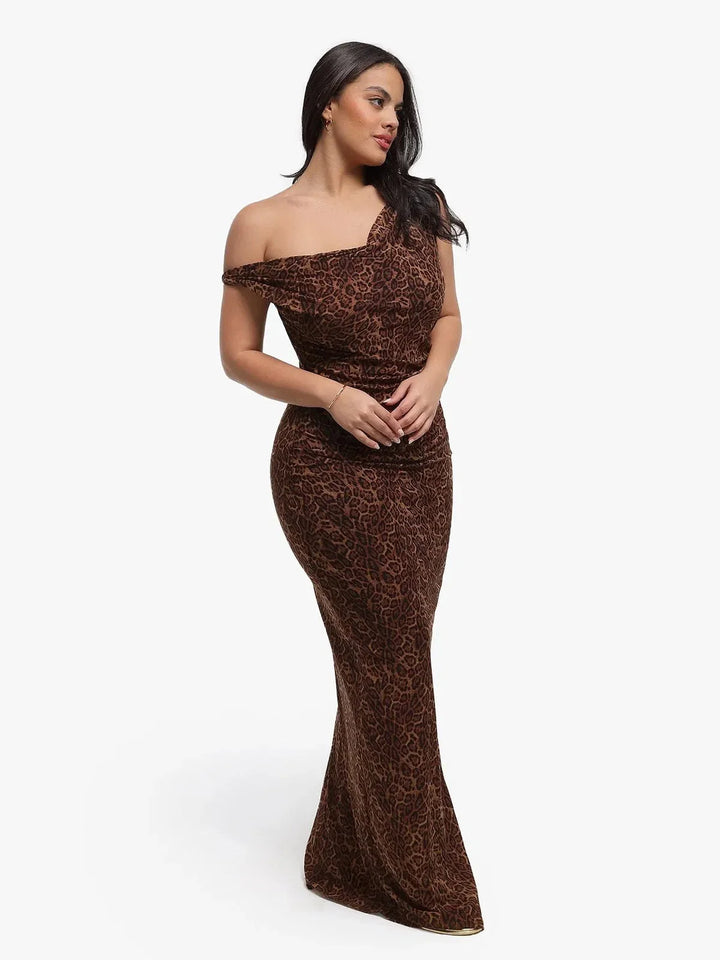 Shapewear Leopard Cowl Neck Ruched Sculpting Maxi Dress - Modefluss