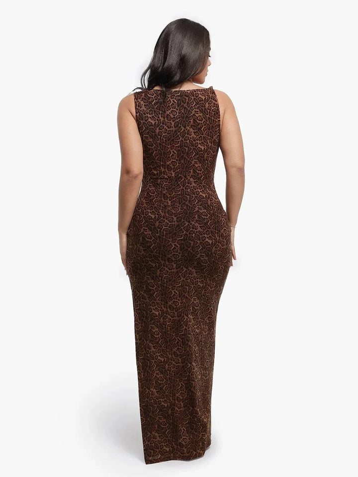 Shapewear Leopard Cowl Neck Ruched Sculpting Maxi Dress - Modefluss