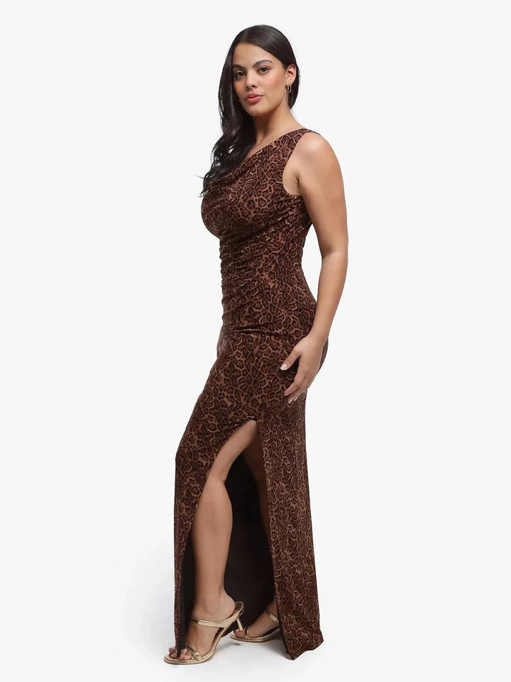 Shapewear Leopard Cowl Neck Ruched Sculpting Maxi Dress - Modefluss